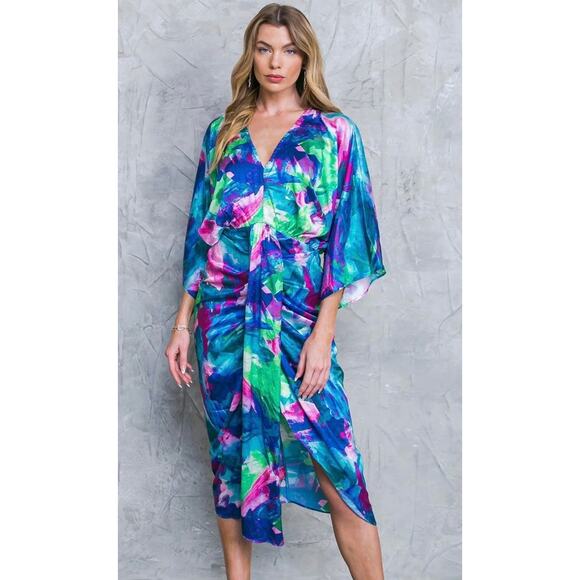 Flying Tomato Dresses & Skirts - Flying Tomato On The Horizon Satin Midi Brushstroke Dress sz S